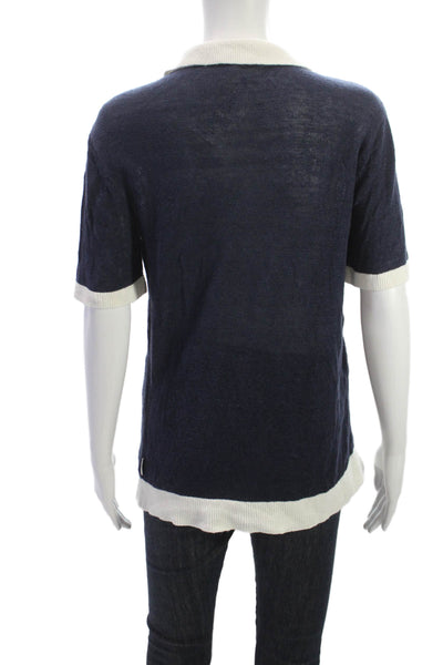 ONIA Womens Linen Collared Basic Polo Short Sleeve Blue Size S