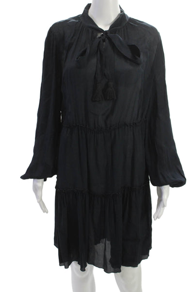 See by Chloe Women Mini Silk High Neck Tie Long Sleeve Black Dress Size M