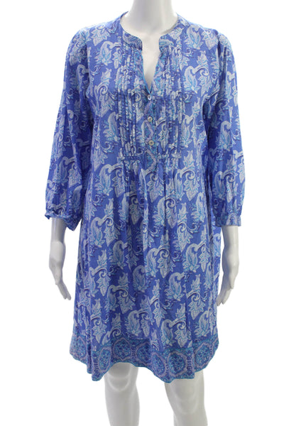 La Plage Women Shirt Dress Blue Paisley 100% Cotton 3/4 Sleeve Henley Size L
