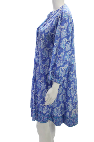 La Plage Women Shirt Dress Blue Paisley 100% Cotton 3/4 Sleeve Henley Size L