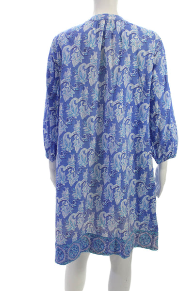 La Plage Women Shirt Dress Blue Paisley 100% Cotton 3/4 Sleeve Henley Size L
