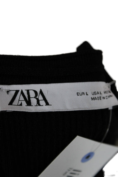 Zara Women Bodycon Midi Black Long Sleeve Button Round Neck Dress Size L