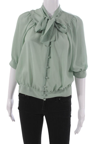 Ray Beams Womens Basic Silk Collared Blouse 3/4 Sleeve Button Green Size M