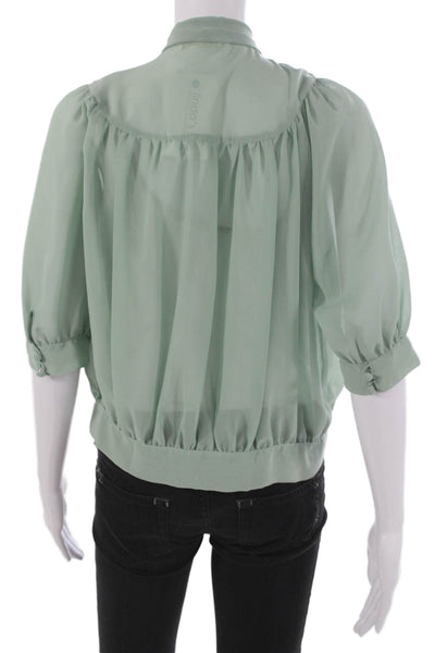 Ray Beams Womens Basic Silk Collared Blouse 3/4 Sleeve Button Green Size M