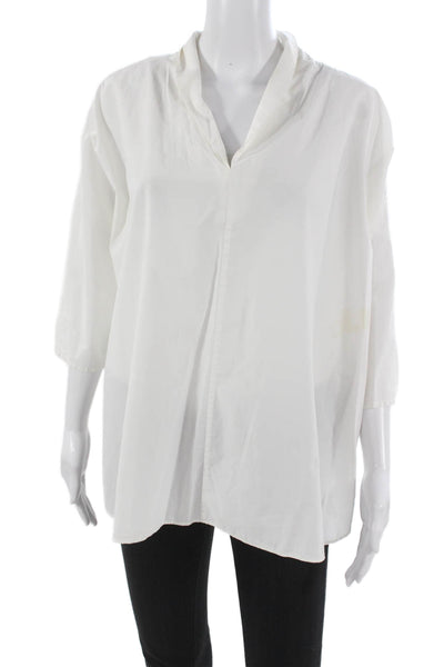HD In Paris Women Collared Cotton Tunic Blouse White 3/4 Sleeve Fall Size L