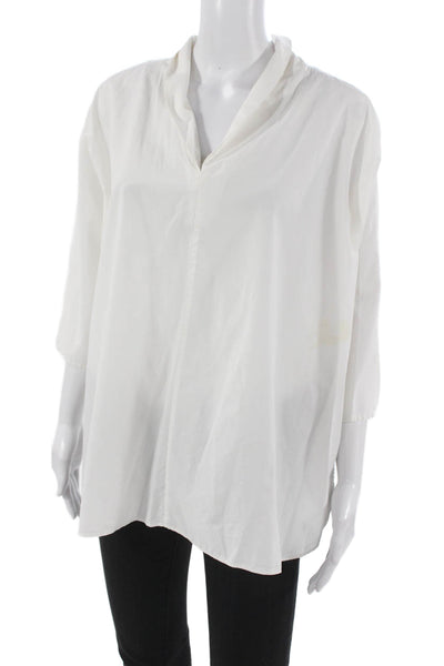 HD In Paris Women Collared Cotton Tunic Blouse White 3/4 Sleeve Fall Size L