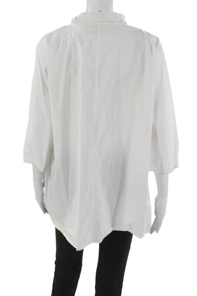 HD In Paris Women Collared Cotton Tunic Blouse White 3/4 Sleeve Fall Size L