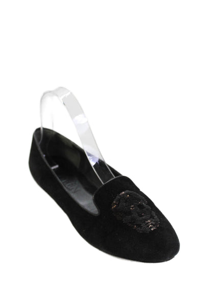 Alexander McQueen Womens Velvet Sequined Skull Flats Black Size 6