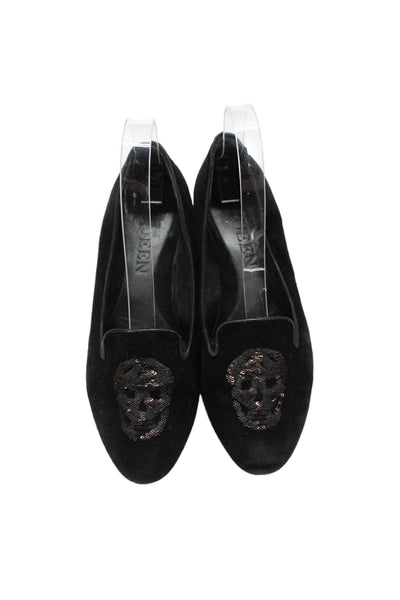 Alexander McQueen Womens Velvet Sequined Skull Flats Black Size 6