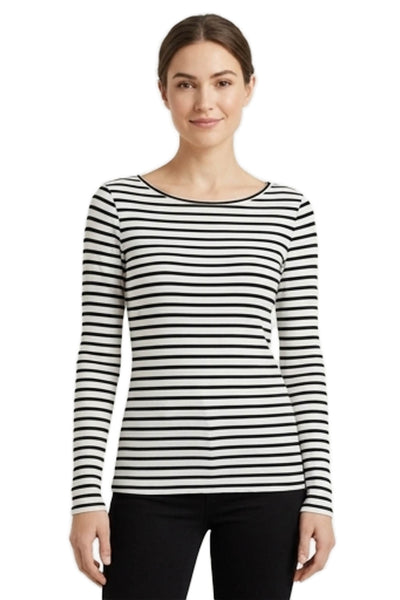 BCBGMAXAZRIA Womens Striped Boat Neck Long Sleeve T Shirt Black Lyocell Size S