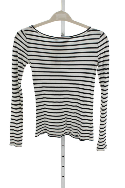 BCBGMAXAZRIA Womens Striped Boat Neck Long Sleeve T Shirt Black Lyocell Size S