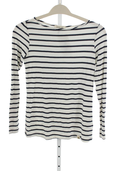 Amour Vert Womens Striped Boat Neck Long Sleeve Tee White Modal Size XS