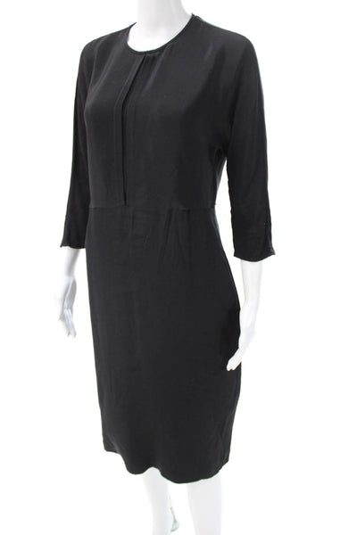 Cuyana Women Sheath Dress Black Silk Round Neck 3/4 Sleeve Size XS