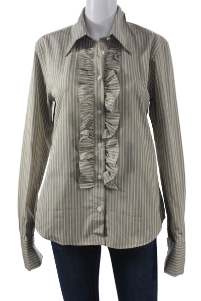 AMI Womens Beige Striped Cotton Collared Button-Up Long Sleeve Top Size 36