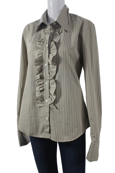 AMI Womens Beige Striped Cotton Collared Button-Up Long Sleeve Top Size 36