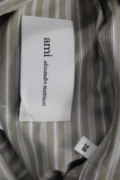 AMI Womens Beige Striped Cotton Collared Button-Up Long Sleeve Top Size 36