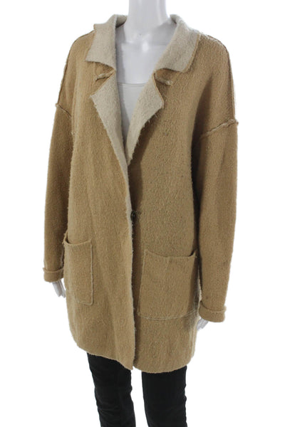 Free People Womens Beige Button Overcoat Long Sleeve Wool Blend Size S