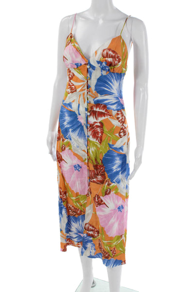 Zara Womens Maxi Floral V Neck Sleeveless Linen Cotton Dress Multicolor Size S