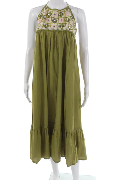 Zara Women Sundress Green Halter Tie Midi Cotton Sleeveless Bohemian Size XS