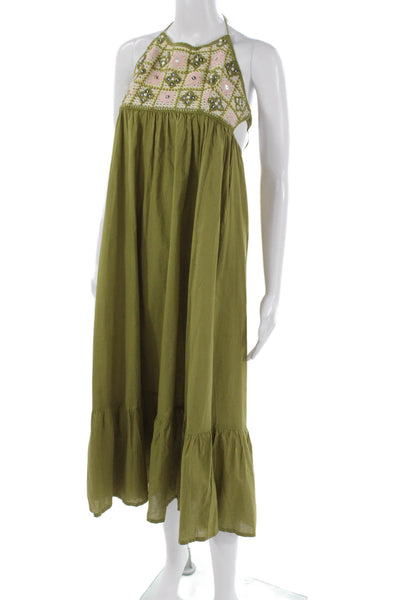 Zara Women Sundress Green Halter Tie Midi Cotton Sleeveless Bohemian Size XS