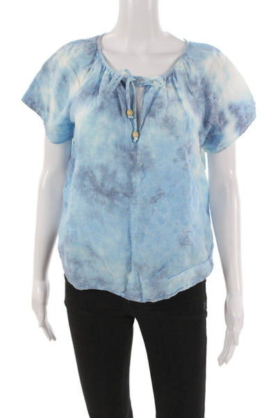 Barbara Katz Womens Bohemian Linen Tie-Dye Short Sleeve Blouse Blue Size S