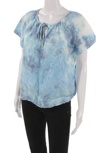 Barbara Katz Womens Bohemian Linen Tie-Dye Short Sleeve Blouse Blue Size S
