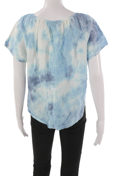 Barbara Katz Womens Bohemian Linen Tie-Dye Short Sleeve Blouse Blue Size S