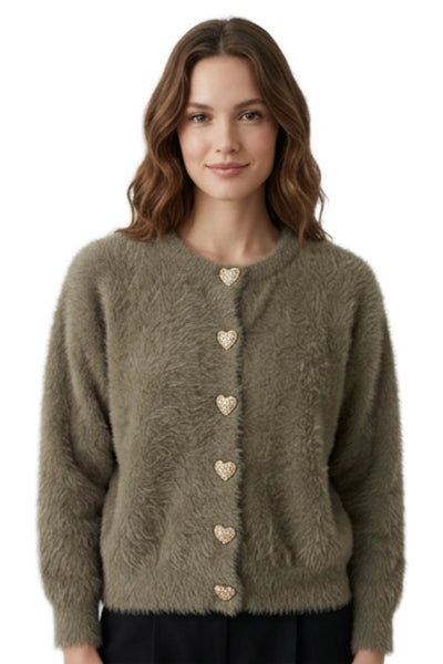 Zara Knit Women Cardigan Green Long Sleeve Round Neck Heart Size S