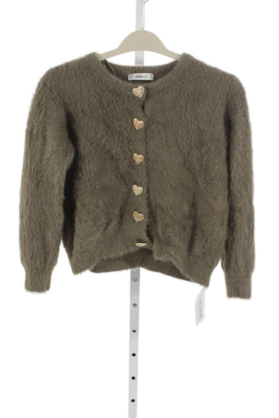 Zara Knit Women Cardigan Green Long Sleeve Round Neck Heart Size S