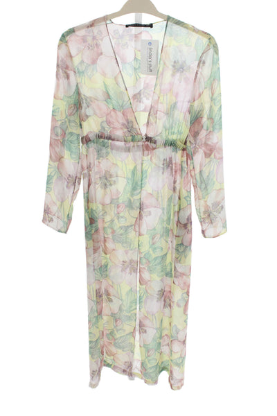 Zara Woman Women Maxi Floral Chiffon V-Neck Long Sleeve Dress Multicolor Size S