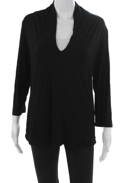 Premise Womens Basic Black V Neck 3/4 Sleeve Blouse Pullover Rayon Size L