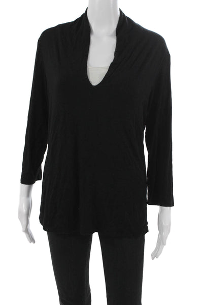 Premise Womens Basic Black V Neck 3/4 Sleeve Blouse Pullover Rayon Size L