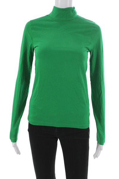 J Crew Women Green Basic T-Shirt Turtleneck Long Sleeve 100% Cotton Size S