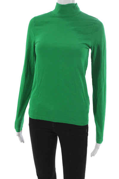 J Crew Women Green Basic T-Shirt Turtleneck Long Sleeve 100% Cotton Size S
