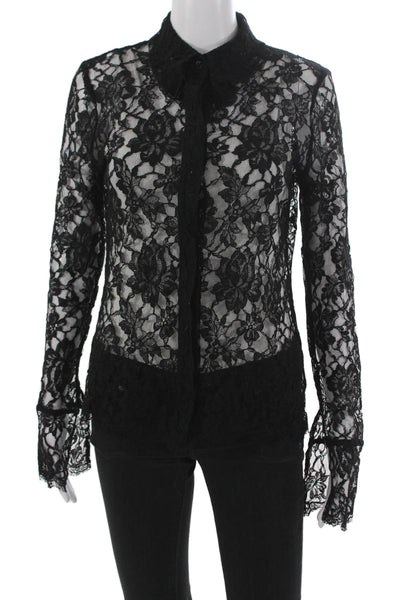 Petit Pois Womens Lace Button-Up Collared Long Sleeve Black Floral Size 38