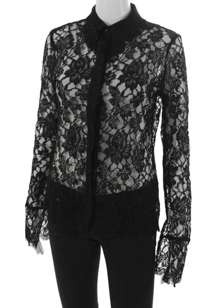 Petit Pois Womens Lace Button-Up Collared Long Sleeve Black Floral Size 38