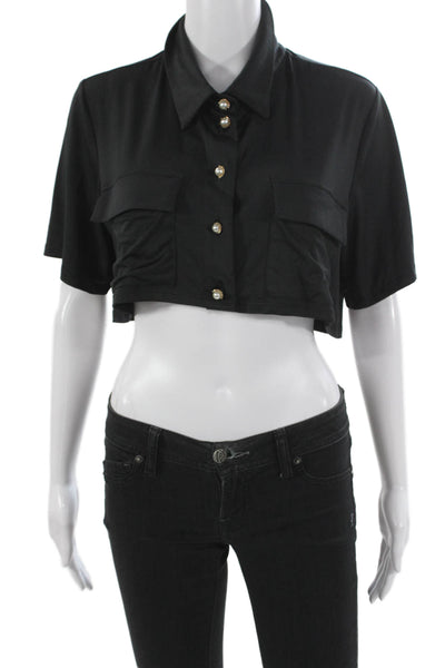 Kimberly Taylor Womens Cropped Button-Up Collared Short Sleeve Black Size M