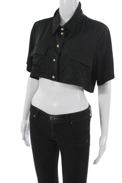 Kimberly Taylor Womens Cropped Button-Up Collared Short Sleeve Black Size M