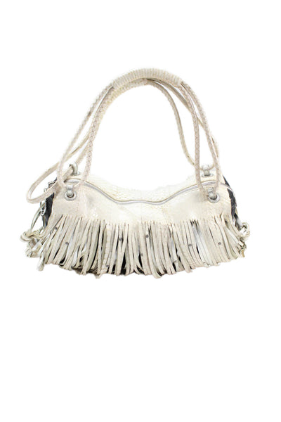 Katherine Kwei Women's Fringe Zip Closure Leather White Shoulder Handbag