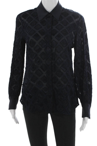 Lafayette 148 New York Women Blue Geometric Button-Up Long Sleeve Size XS