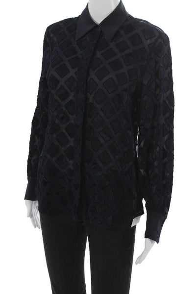 Lafayette 148 New York Women Blue Geometric Button-Up Long Sleeve Size XS