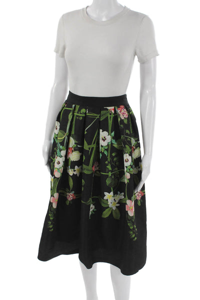 Ted Baker London Womens Black Floral Pleated Skirt Knee Length Size 0