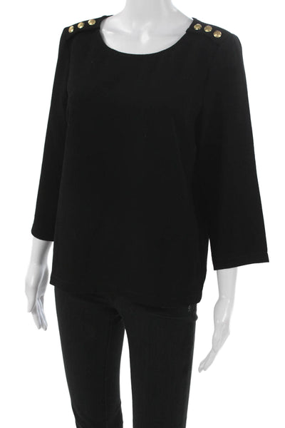 Madewell Women Basic Blouse Black 3/4 Sleeve Round Neck Button Polyester Size S