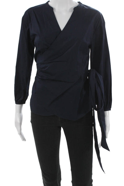 J Crew Womens Basic V Neck Long Sleeve Blouse Blue Cotton Stretch Size PS