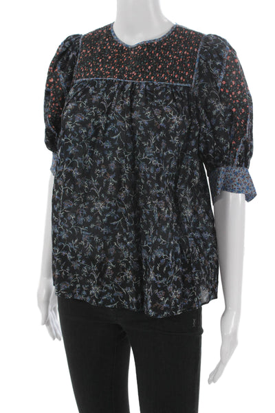 Ulla Johnson Women Basic Floral Cotton Round Neck Short Sleeve Blouse Size 2