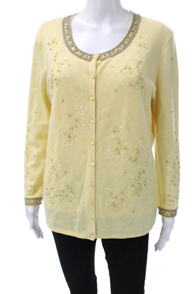 Escada Womens Cardigan Cashmere Floral Scoop Neck Long Sleeve Yellow Size 42