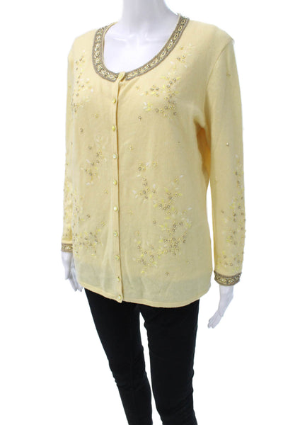 Escada Womens Cardigan Cashmere Floral Scoop Neck Long Sleeve Yellow Size 42