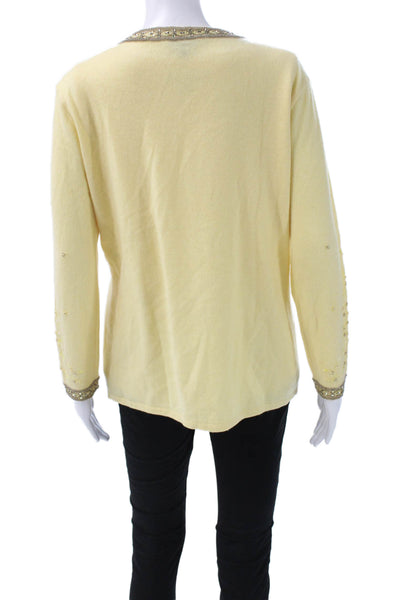 Escada Womens Cardigan Cashmere Floral Scoop Neck Long Sleeve Yellow Size 42