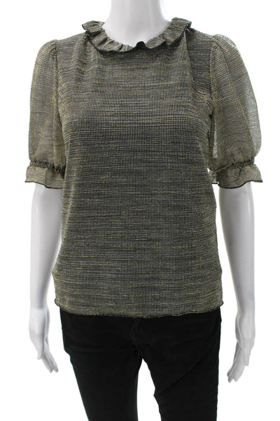 Sara Campbell Women Basic Black Check Blouse Short Sleeve Round Neck Size XS
