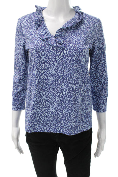 J. Mclaughlin Womens Basic Blue Animal Print V-Neck 3/4 Sleeve Blouse Size S